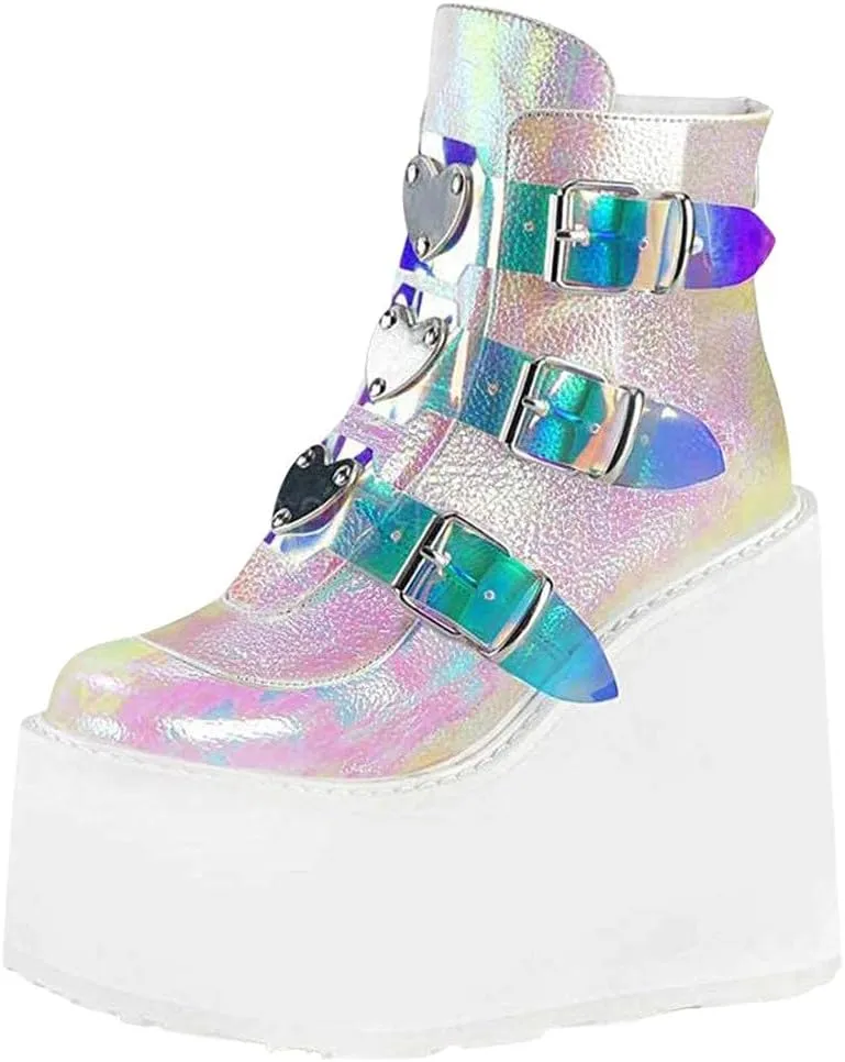 ZBYY Womens Platform Boots Buckle Strap Round Toe Chunky Platform Wedge Ankle Boots Party Thick Motorcycle Combat Boots