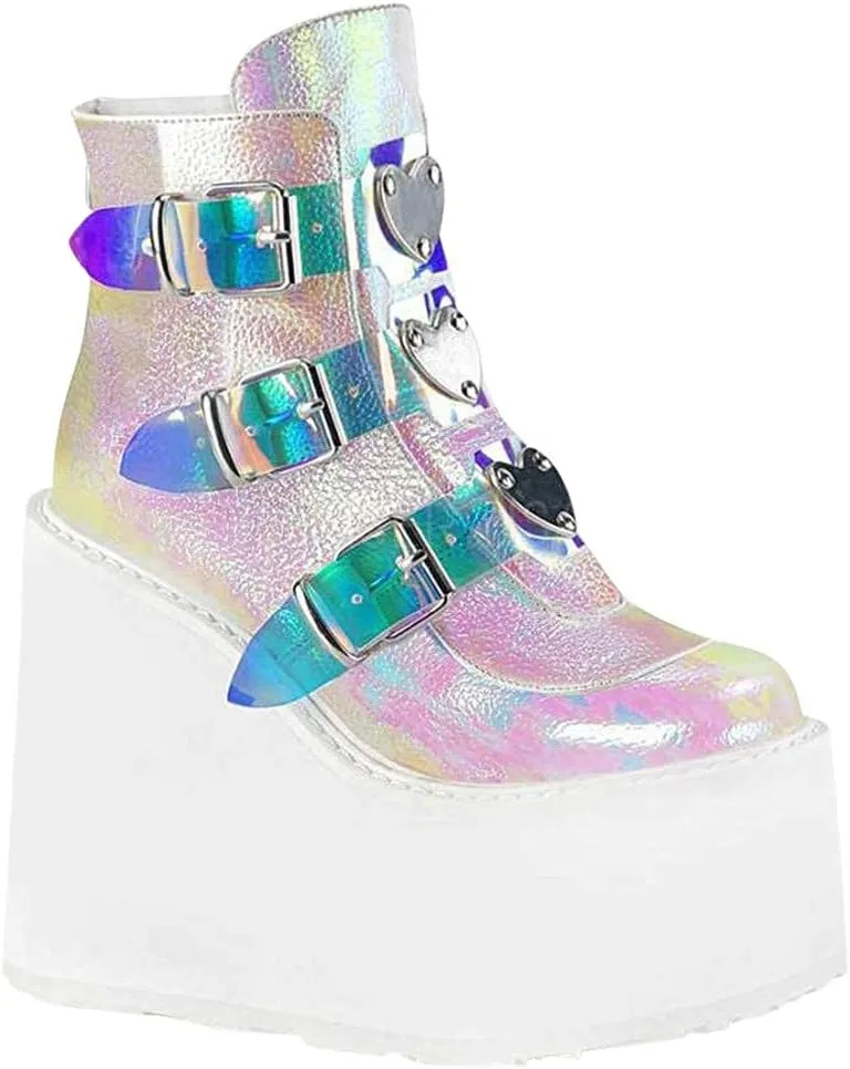 ZBYY Womens Platform Boots Buckle Strap Round Toe Chunky Platform Wedge Ankle Boots Party Thick Motorcycle Combat Boots