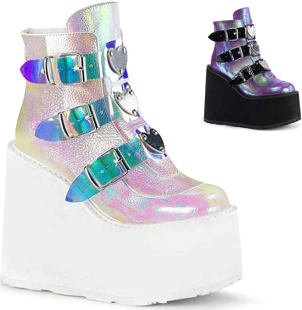 ZBYY Womens Platform Boots Buckle Strap Round Toe Chunky Platform Wedge Ankle Boots Party Thick Motorcycle Combat Boots