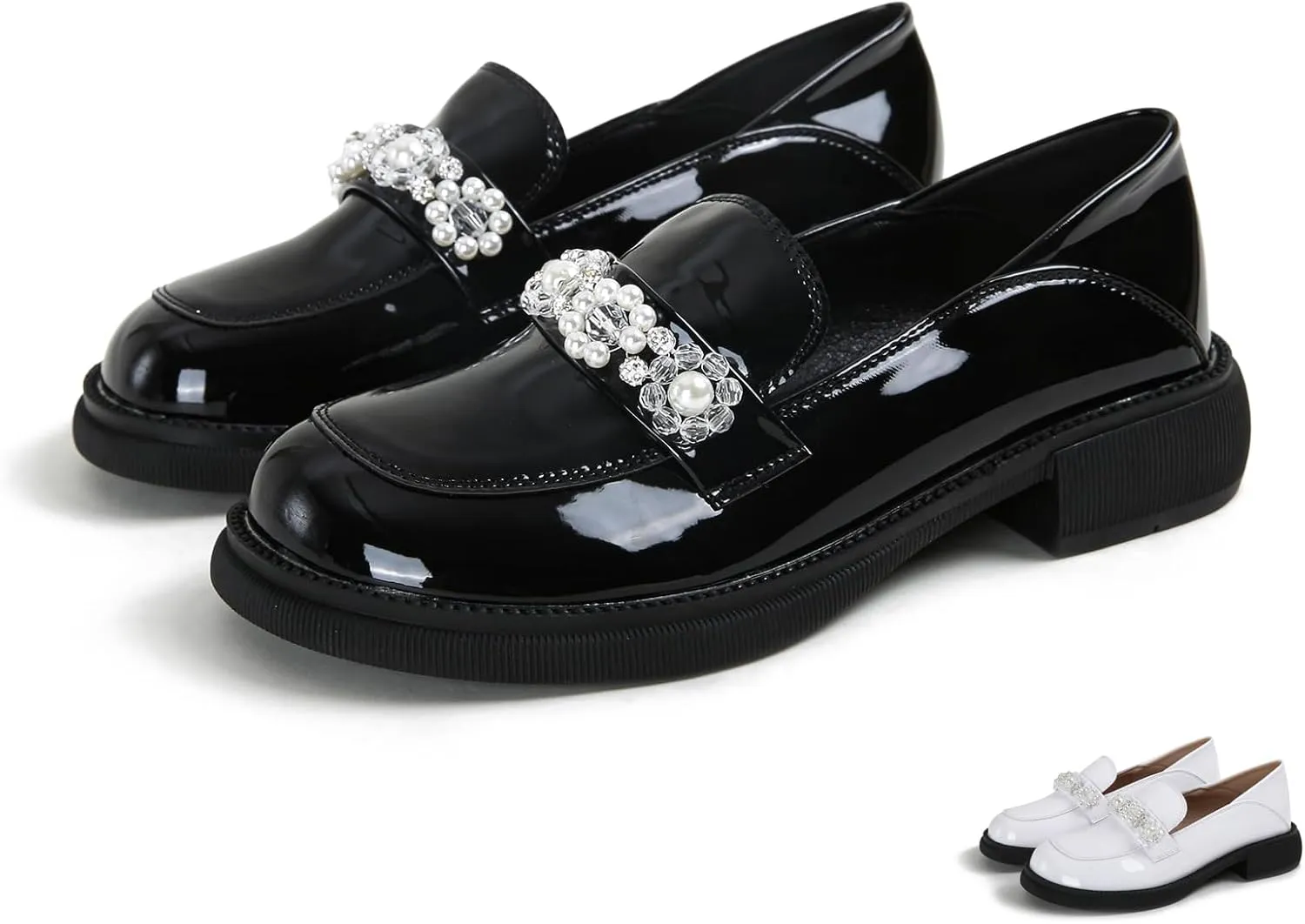 Zeberfi Women's Patent Leather Crystal Pearl Chain Loafers Comfortable Slip On Shallow Mouth Round Toe Penny Shoes Lightweight Office Business Casual Dress Work Shoes