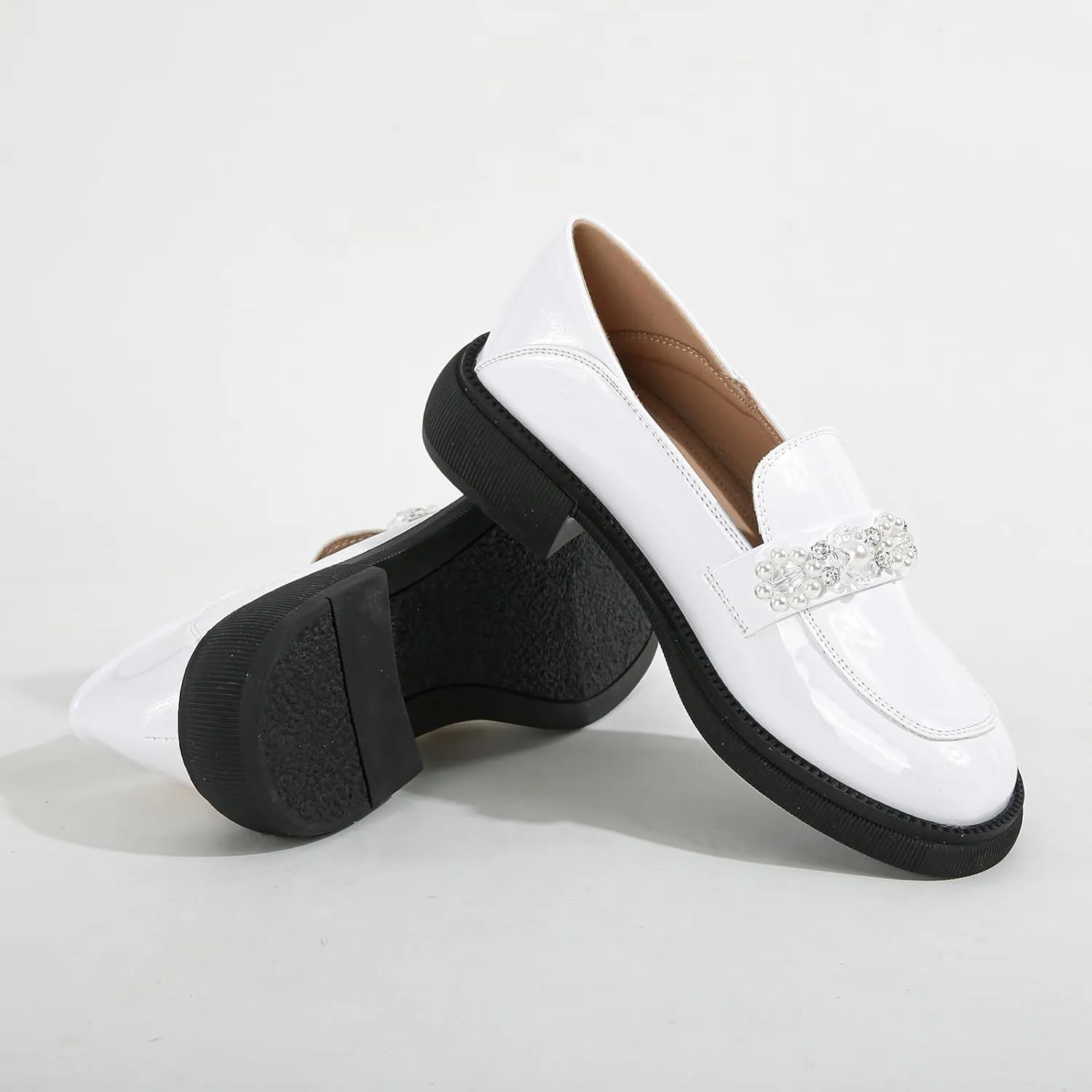 Zeberfi Women's Patent Leather Crystal Pearl Chain Loafers Comfortable Slip On Shallow Mouth Round Toe Penny Shoes Lightweight Office Business Casual Dress Work Shoes