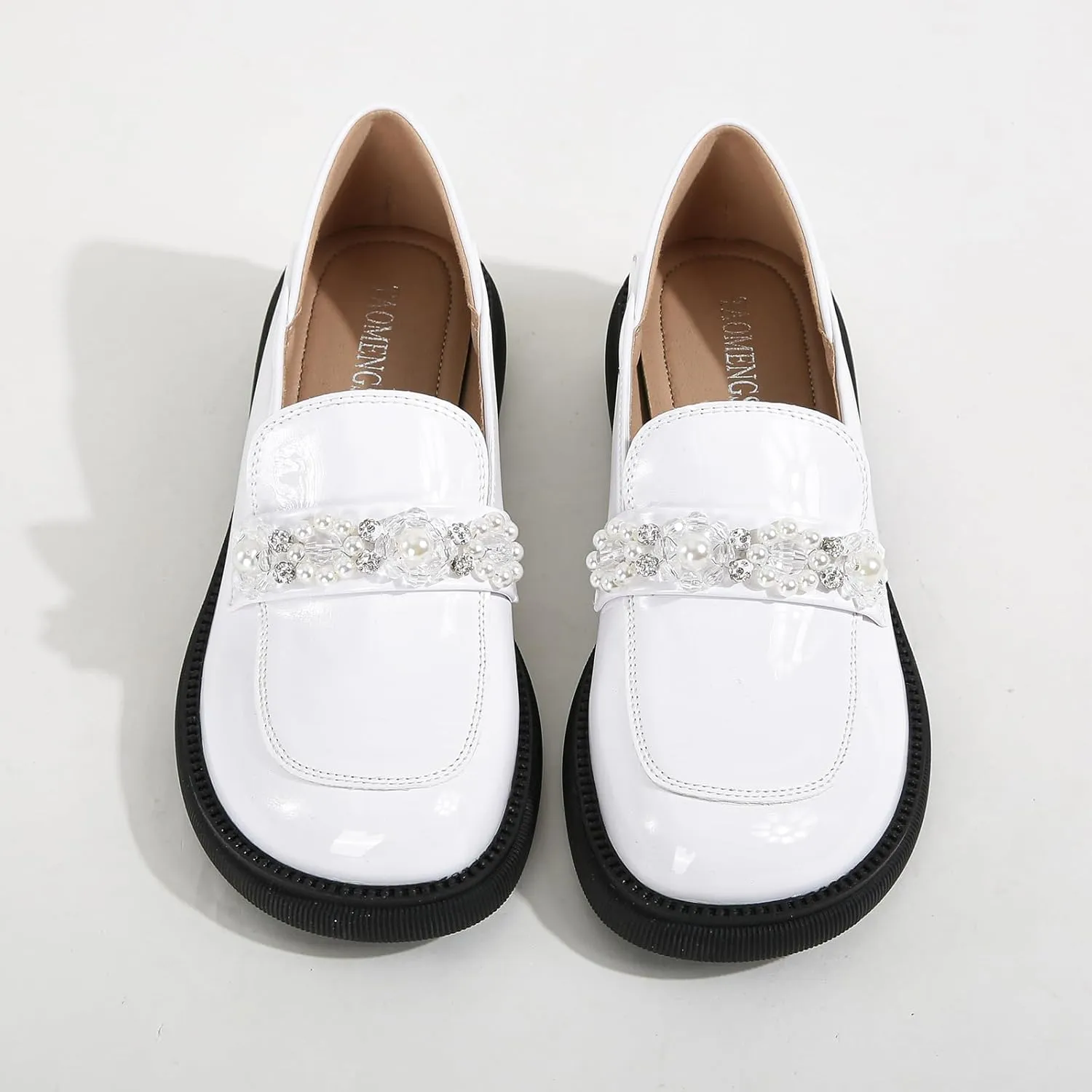 Zeberfi Women's Patent Leather Crystal Pearl Chain Loafers Comfortable Slip On Shallow Mouth Round Toe Penny Shoes Lightweight Office Business Casual Dress Work Shoes