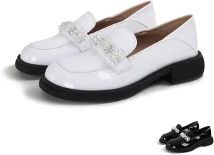 Zeberfi Women's Patent Leather Crystal Pearl Chain Loafers Comfortable Slip On Shallow Mouth Round Toe Penny Shoes Lightweight Office Business Casual Dress Work Shoes