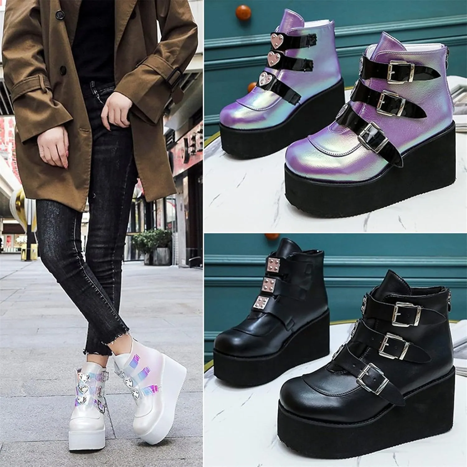 ZKXYFFS Womens Platform Chunky Ankle Boots Round Toe Buckle Zipper Thick Sole Punk Goth Booties Wedges Boots for Women
