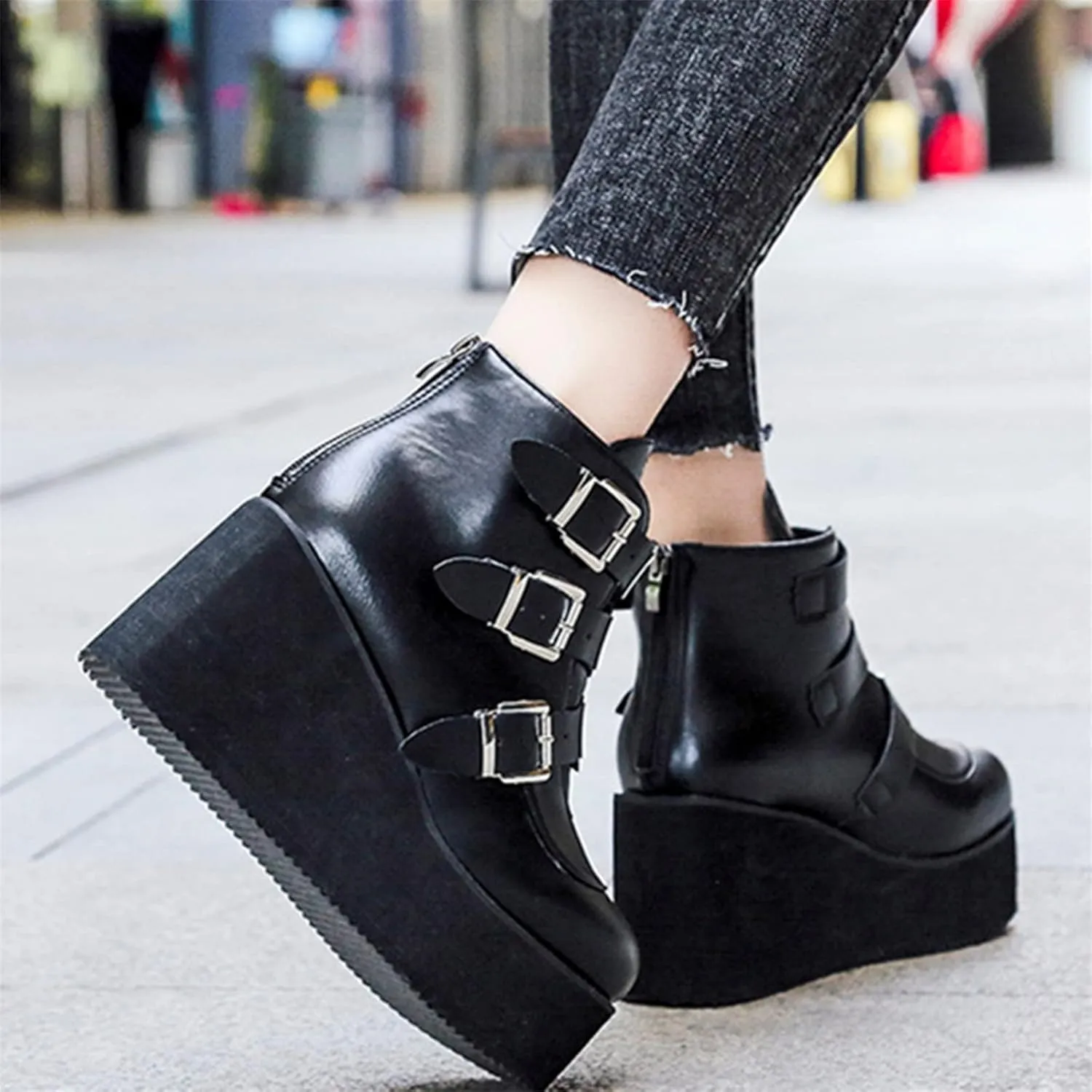 ZKXYFFS Womens Platform Chunky Ankle Boots Round Toe Buckle Zipper Thick Sole Punk Goth Booties Wedges Boots for Women