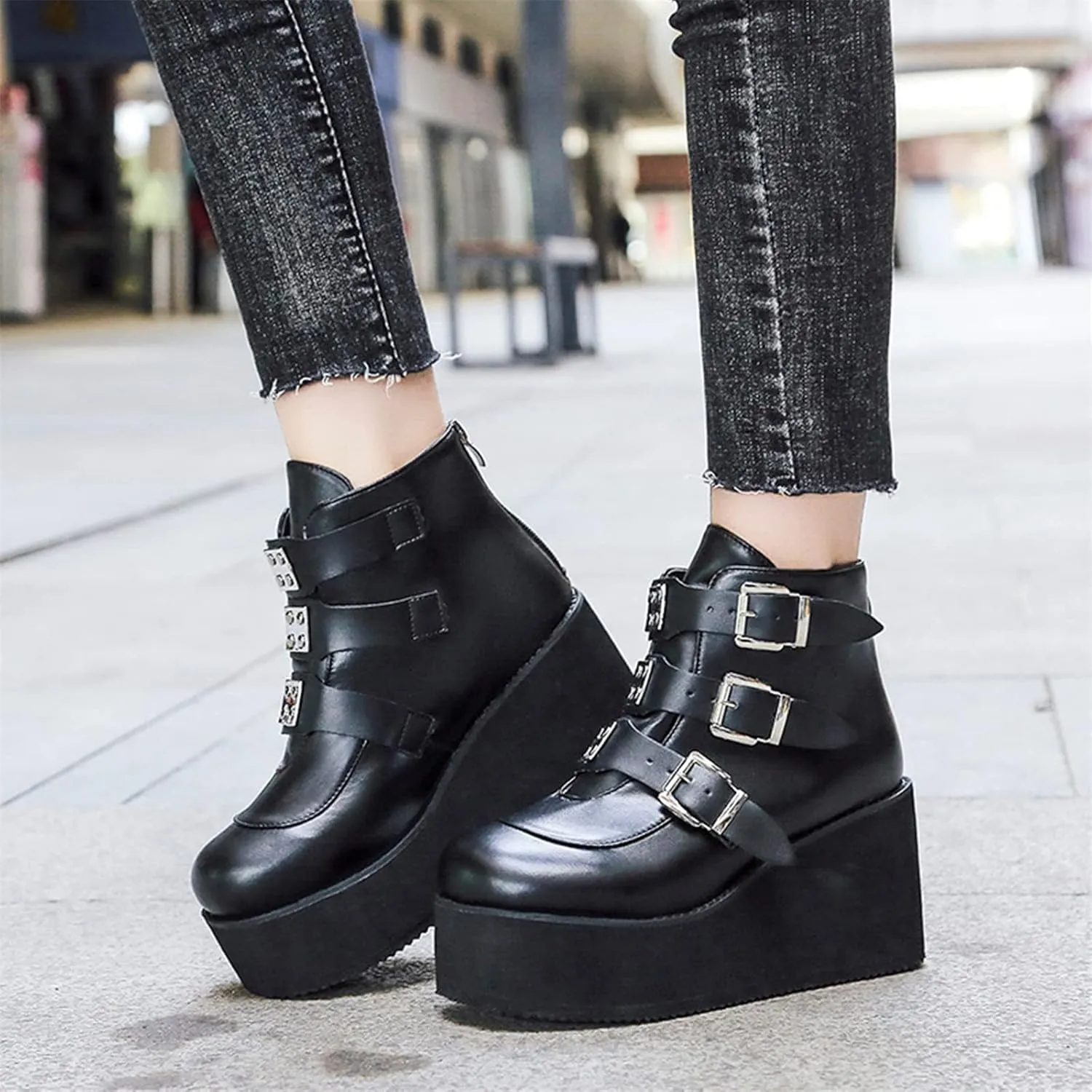 ZKXYFFS Womens Platform Chunky Ankle Boots Round Toe Buckle Zipper Thick Sole Punk Goth Booties Wedges Boots for Women