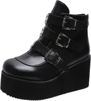ZKXYFFS Womens Platform Chunky Ankle Boots Round Toe Buckle Zipper Thick Sole Punk Goth Booties Wedges Boots for Women