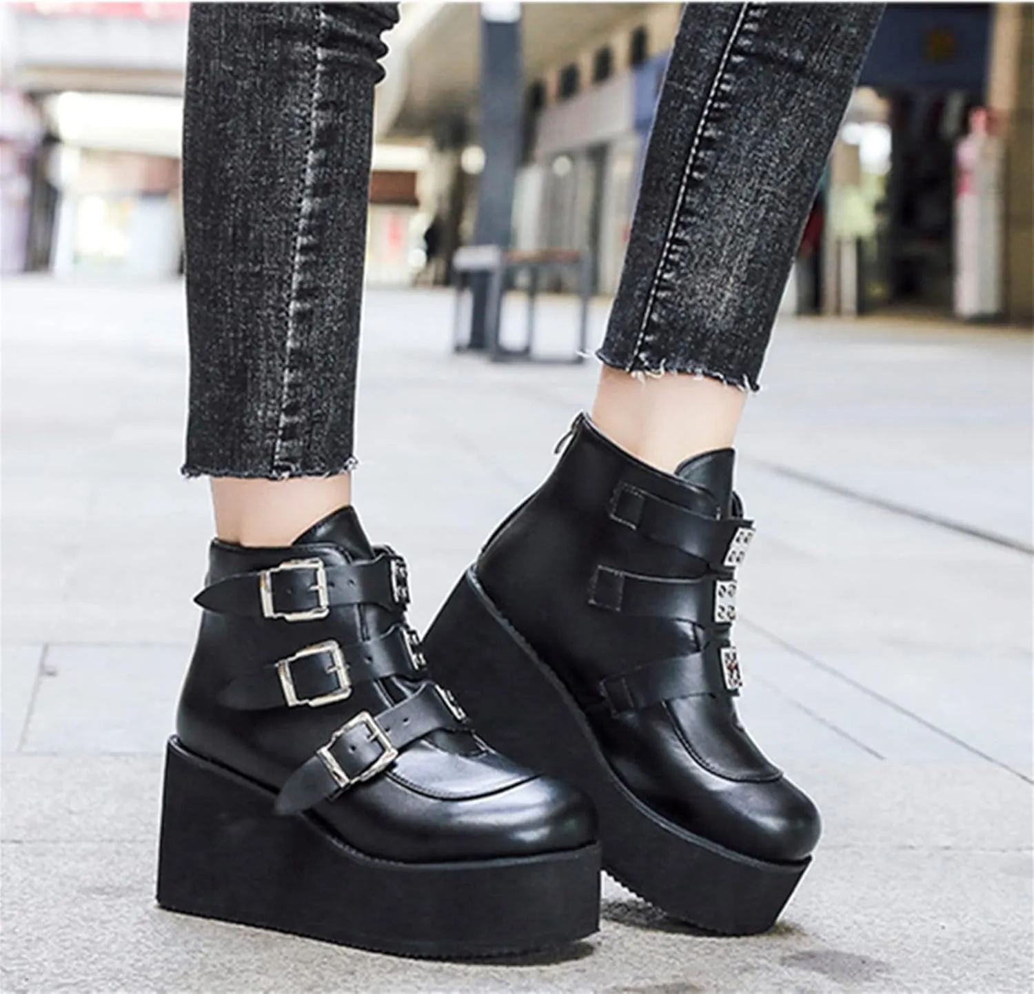 ZKXYFFS Womens Platform Chunky Ankle Boots Round Toe Buckle Zipper Thick Sole Punk Goth Booties Wedges Boots for Women