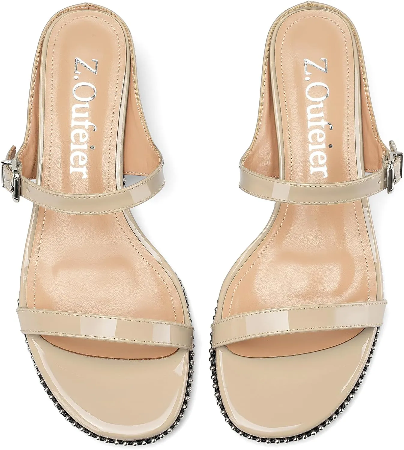 Z.Oufeier Women's Two Strap Low Kitten Heels Studded Sandals Open Toe Heeled Strappy Beaded Buckle Slip On Dressy Mules Shoes