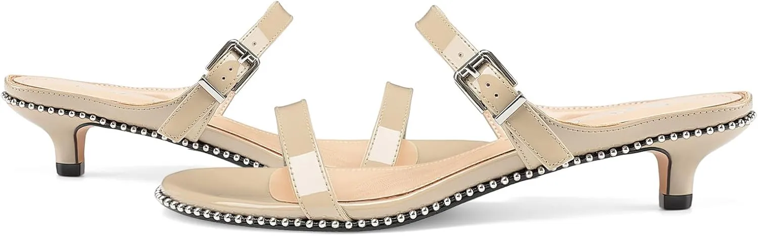 Z.Oufeier Women's Two Strap Low Kitten Heels Studded Sandals Open Toe Heeled Strappy Beaded Buckle Slip On Dressy Mules Shoes