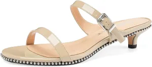 Z.Oufeier Women's Two Strap Low Kitten Heels Studded Sandals Open Toe Heeled Strappy Beaded Buckle Slip On Dressy Mules Shoes