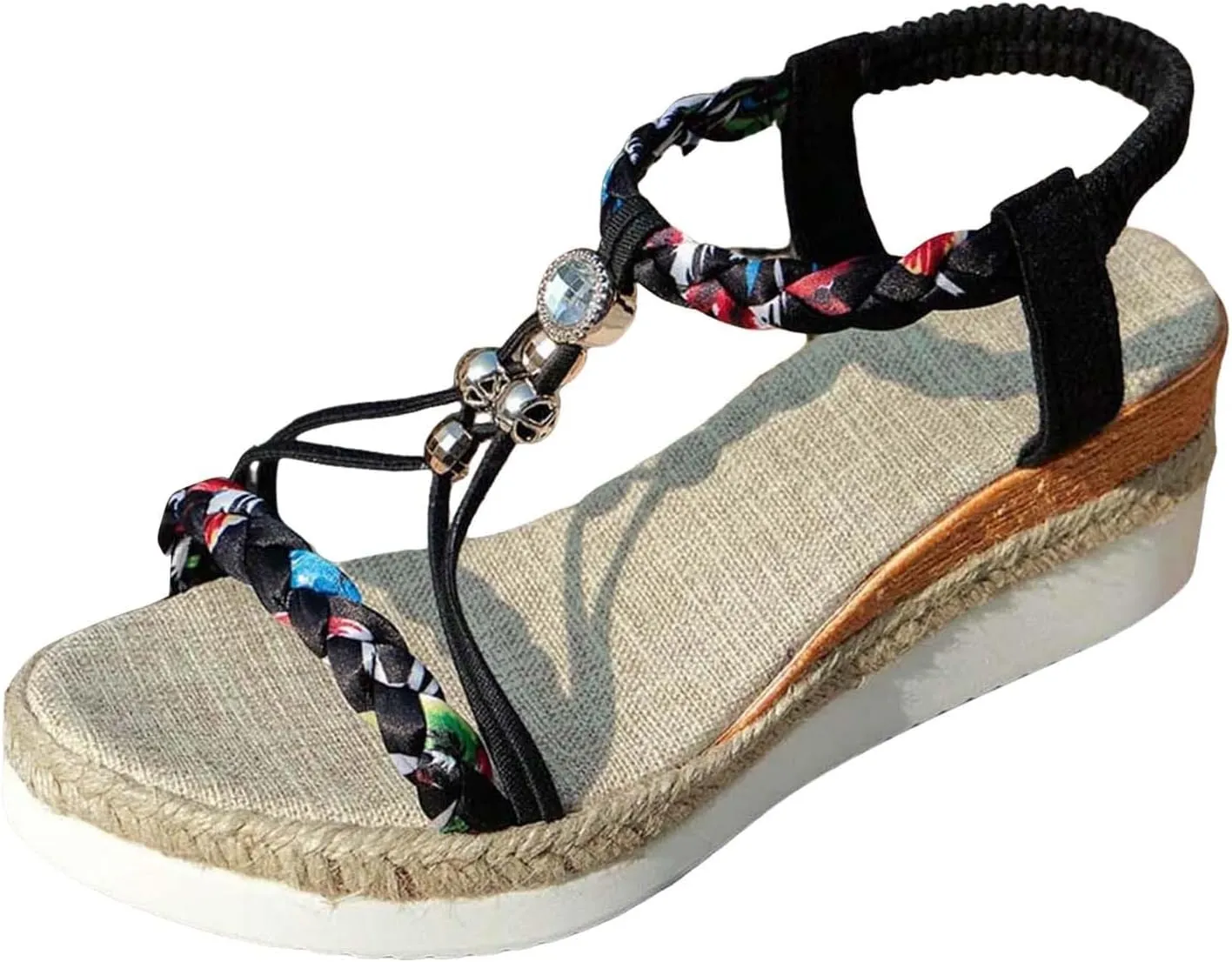 ZSpzx Espadrilles Boho Wedge Sandals for Women, Arch Support Open Toe Rhinestone Glitter Sparkly T-Strap Orthopedic Elastic Ankle Sandal Bohemian Dressy Shoes for Wedding Bridal Evening Cocktail
