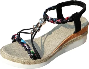 ZSpzx Espadrilles Boho Wedge Sandals for Women, Arch Support Open Toe Rhinestone Glitter Sparkly T-Strap Orthopedic Elastic Ankle Sandal Bohemian Dressy Shoes for Wedding Bridal Evening Cocktail