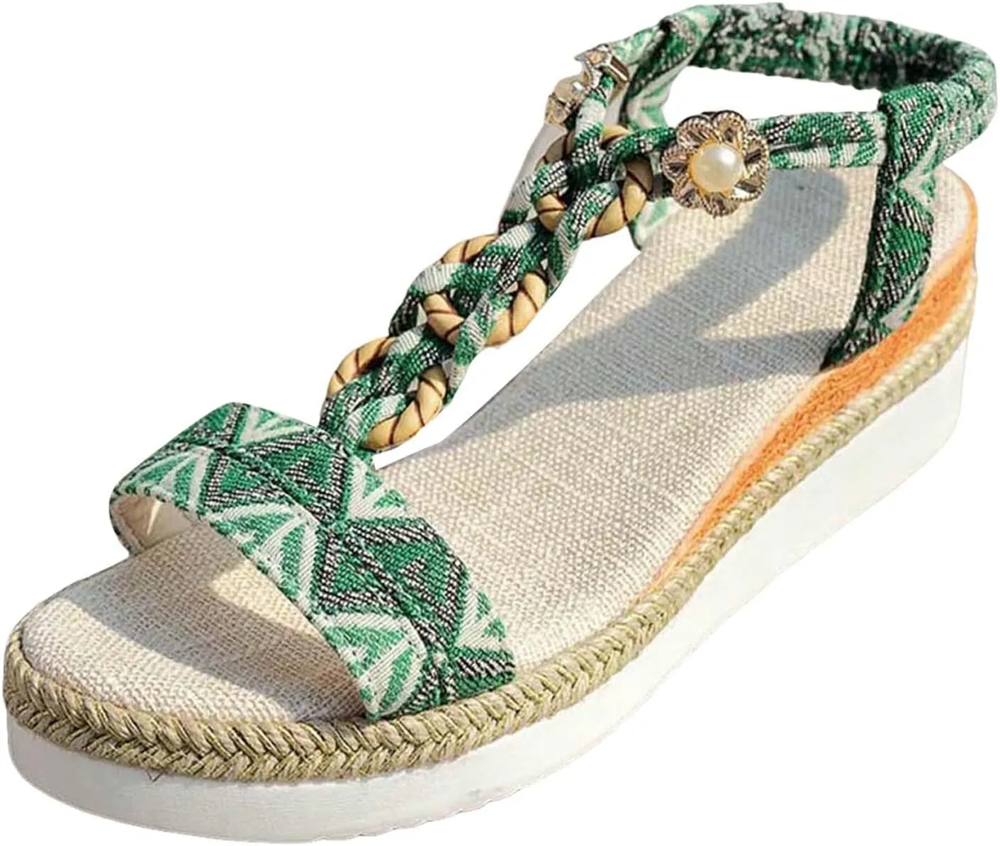 ZSpzx Espadrilles Boho Wedge Sandals for Women, Arch Support Open Toe Rhinestone Glitter Sparkly T-Strap Orthopedic Elastic Ankle Sandal Bohemian Dressy Shoes for Wedding Bridal Evening Cocktail