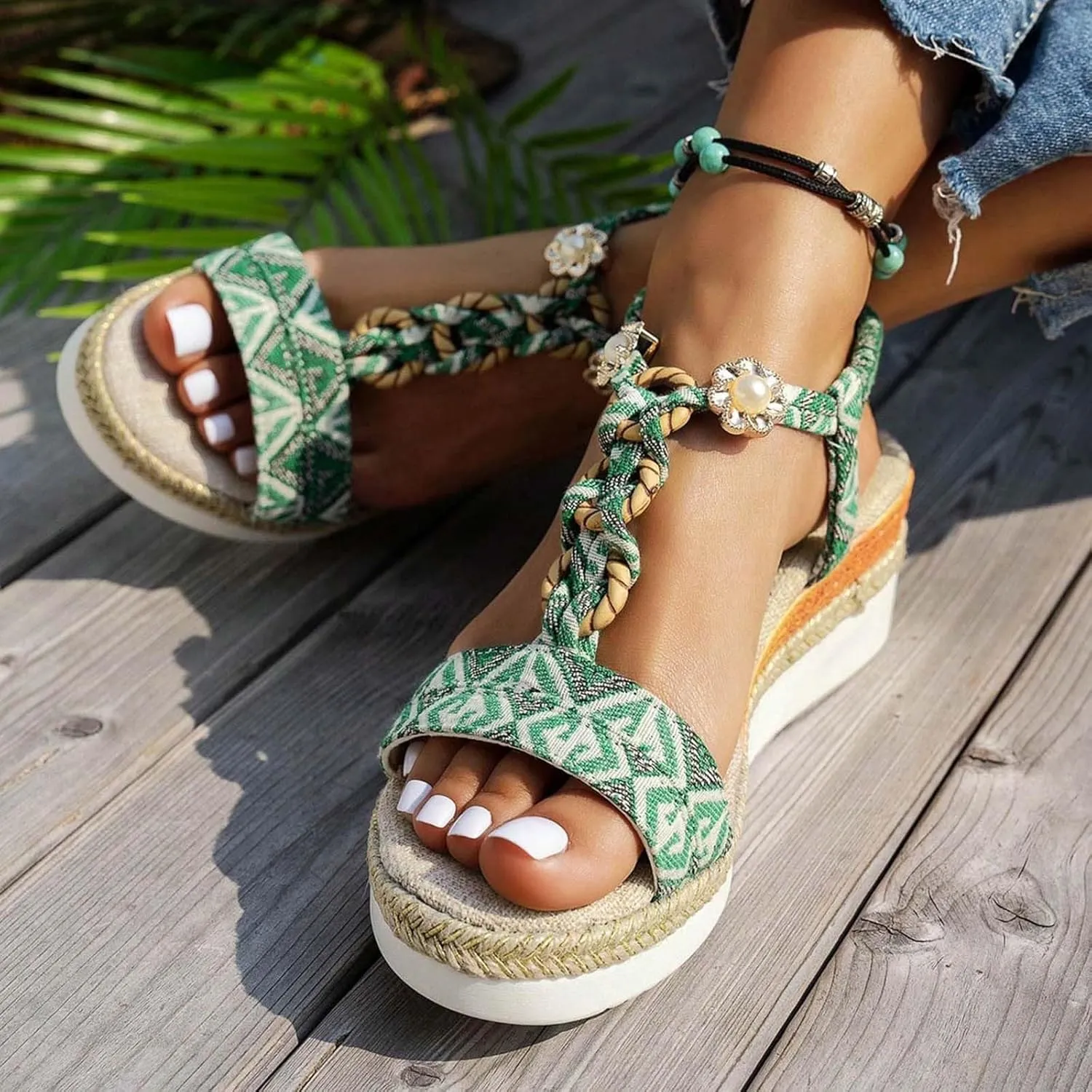 ZSpzx Espadrilles Boho Wedge Sandals for Women, Arch Support Open Toe Rhinestone Glitter Sparkly T-Strap Orthopedic Elastic Ankle Sandal Bohemian Dressy Shoes for Wedding Bridal Evening Cocktail