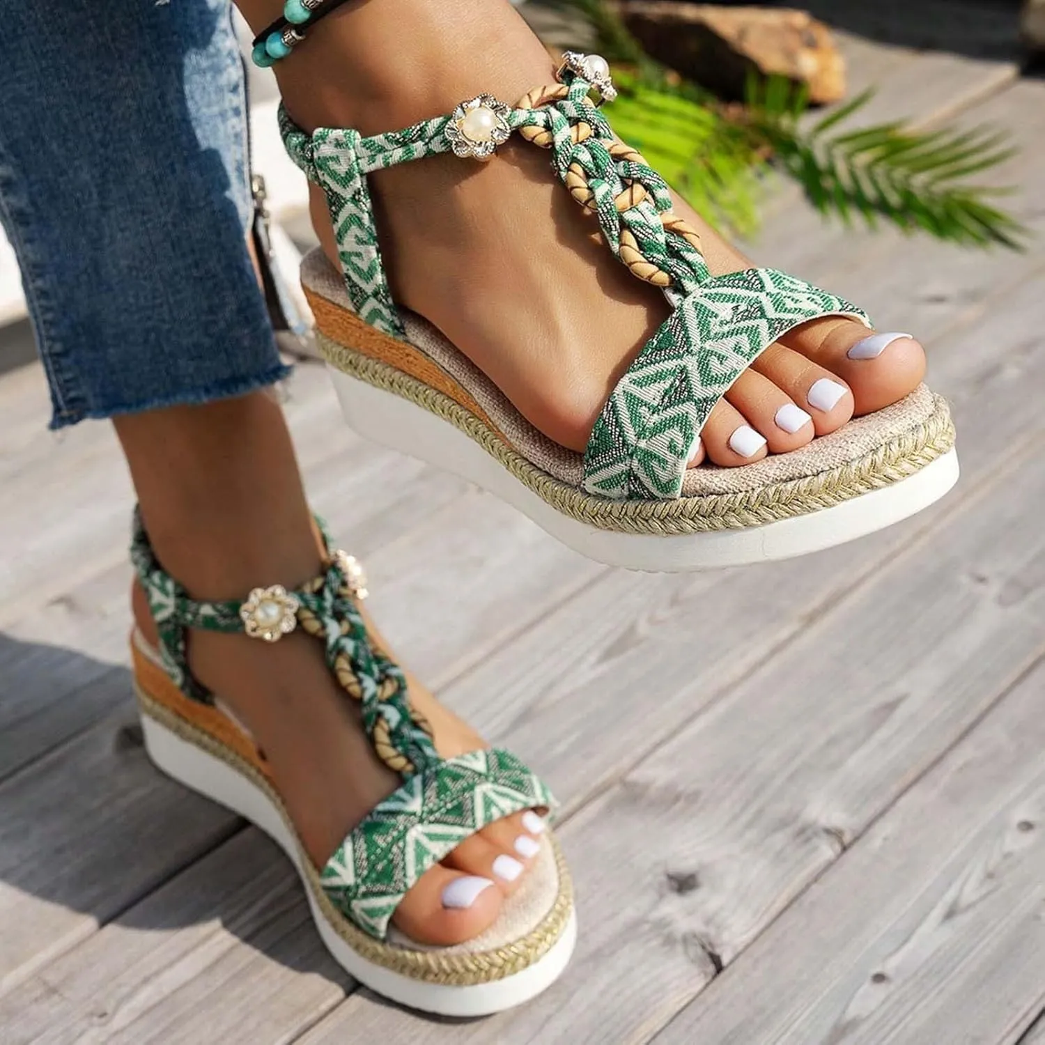 ZSpzx Espadrilles Boho Wedge Sandals for Women, Arch Support Open Toe Rhinestone Glitter Sparkly T-Strap Orthopedic Elastic Ankle Sandal Bohemian Dressy Shoes for Wedding Bridal Evening Cocktail