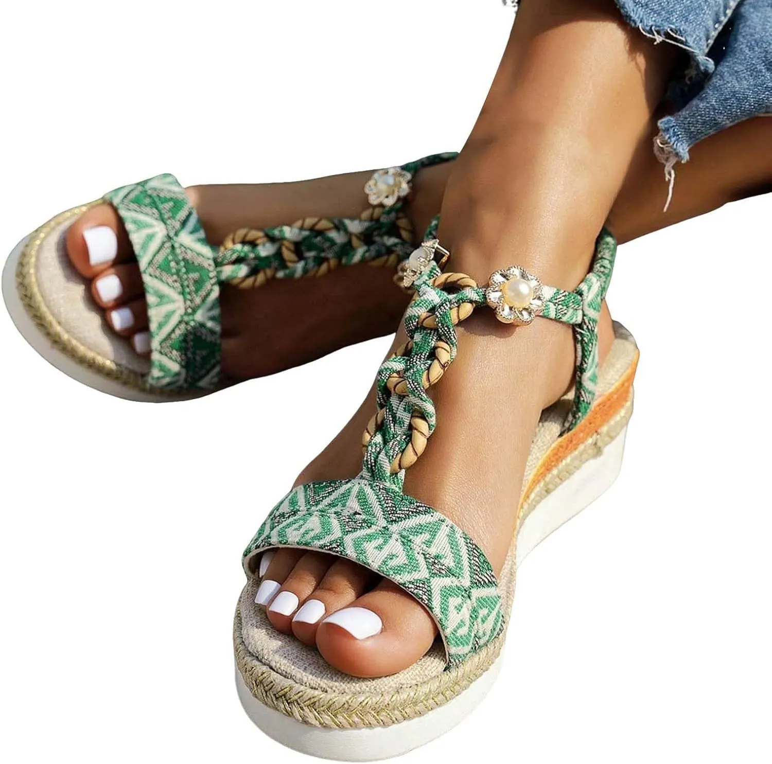 ZSpzx Espadrilles Boho Wedge Sandals for Women, Arch Support Open Toe Rhinestone Glitter Sparkly T-Strap Orthopedic Elastic Ankle Sandal Bohemian Dressy Shoes for Wedding Bridal Evening Cocktail