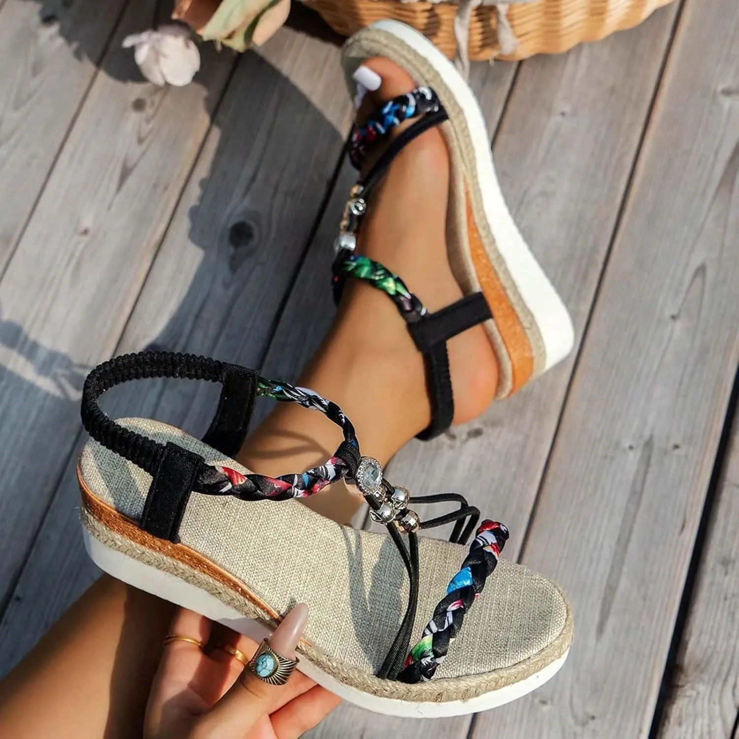 ZSpzx Espadrilles Boho Wedge Sandals for Women, Arch Support Open Toe Rhinestone Glitter Sparkly T-Strap Orthopedic Elastic Ankle Sandal Bohemian Dressy Shoes for Wedding Bridal Evening Cocktail
