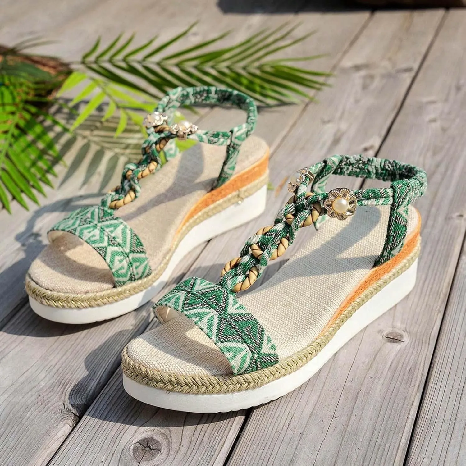 ZSpzx Espadrilles Boho Wedge Sandals for Women, Arch Support Open Toe Rhinestone Glitter Sparkly T-Strap Orthopedic Elastic Ankle Sandal Bohemian Dressy Shoes for Wedding Bridal Evening Cocktail