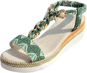 ZSpzx Espadrilles Boho Wedge Sandals for Women, Arch Support Open Toe Rhinestone Glitter Sparkly T-Strap Orthopedic Elastic Ankle Sandal Bohemian Dressy Shoes for Wedding Bridal Evening Cocktail