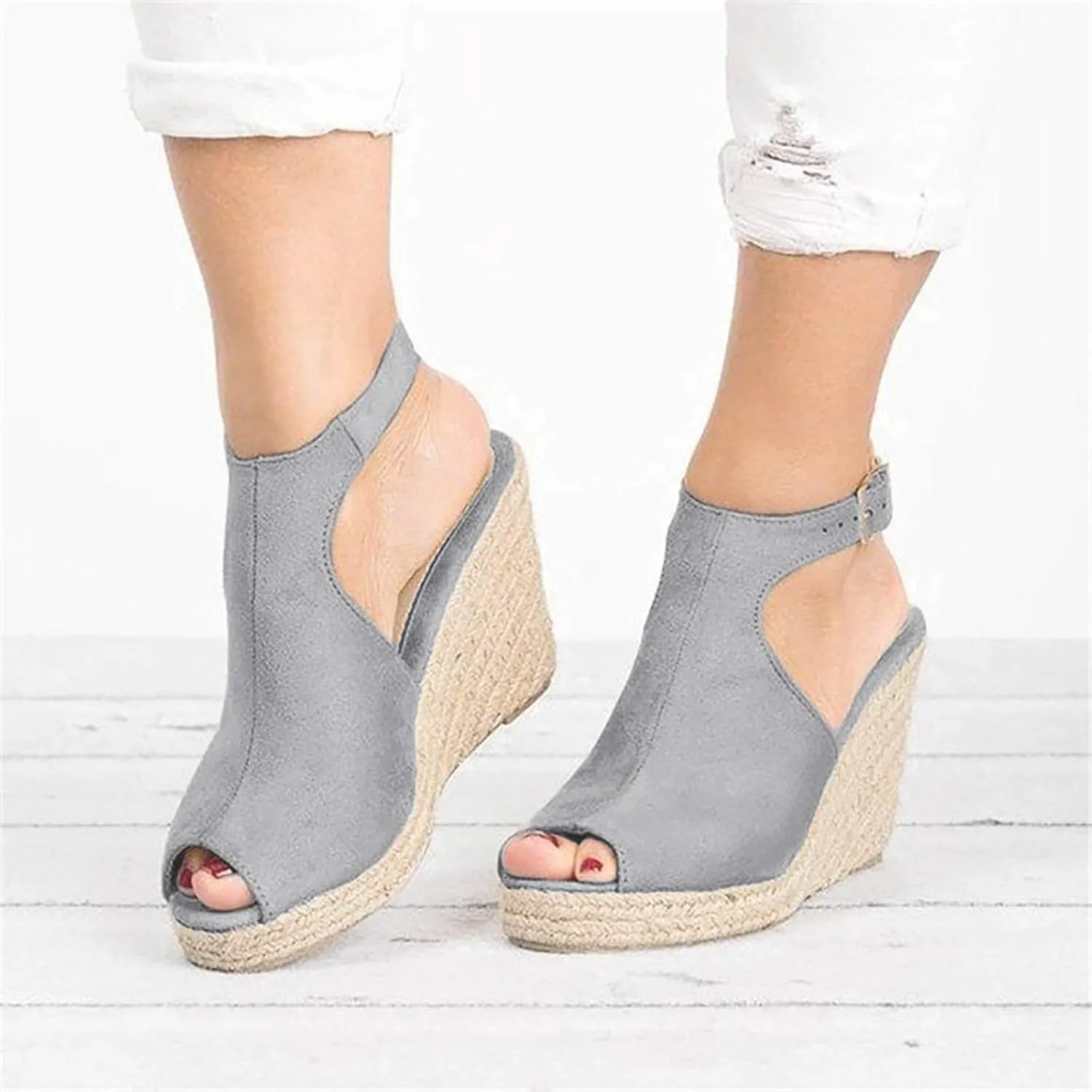 ZSpzx Espadrilles Platform Wedge Sandals for Women Peep Toe Strappy Orthotic Hollow High Wedge Heels Sandal Summer Breathable Cushion Footbed Comfortable Dressy Cutout Caged Shoes for Daily Wear