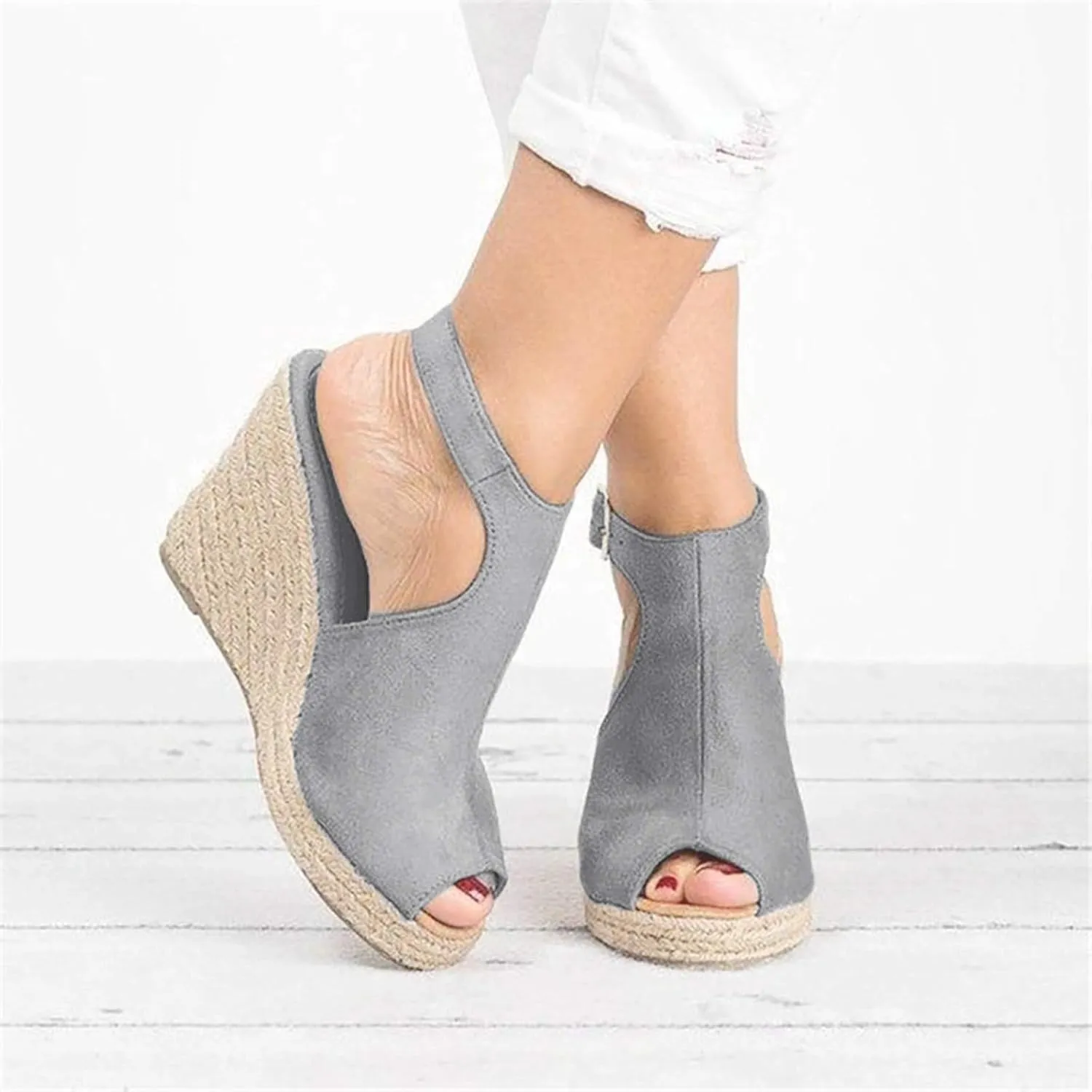 ZSpzx Espadrilles Platform Wedge Sandals for Women Peep Toe Strappy Orthotic Hollow High Wedge Heels Sandal Summer Breathable Cushion Footbed Comfortable Dressy Cutout Caged Shoes for Daily Wear