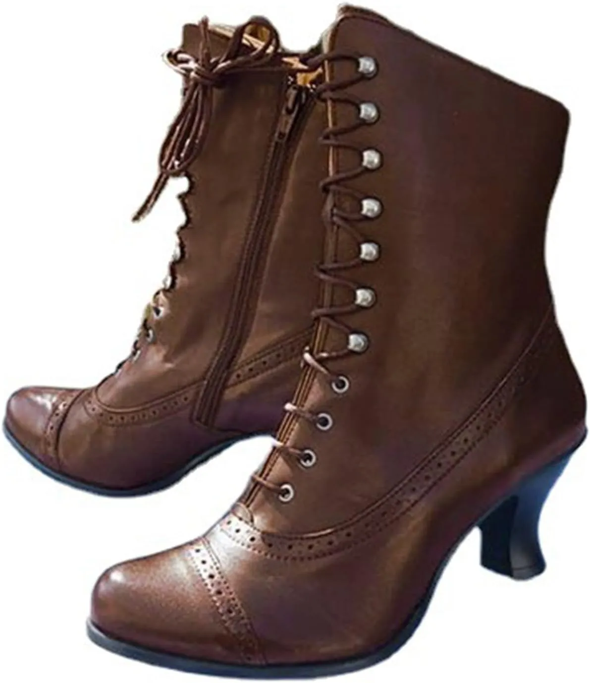 ZSpzx Victorian Boots,Women Vintage Victorian Boots 70s Lace Up Ankle Boots Mid Heel Halloween Cosplay Witch Granny Booties Cone Heel Zipper Almond Toe Costume Renaissance Shoes