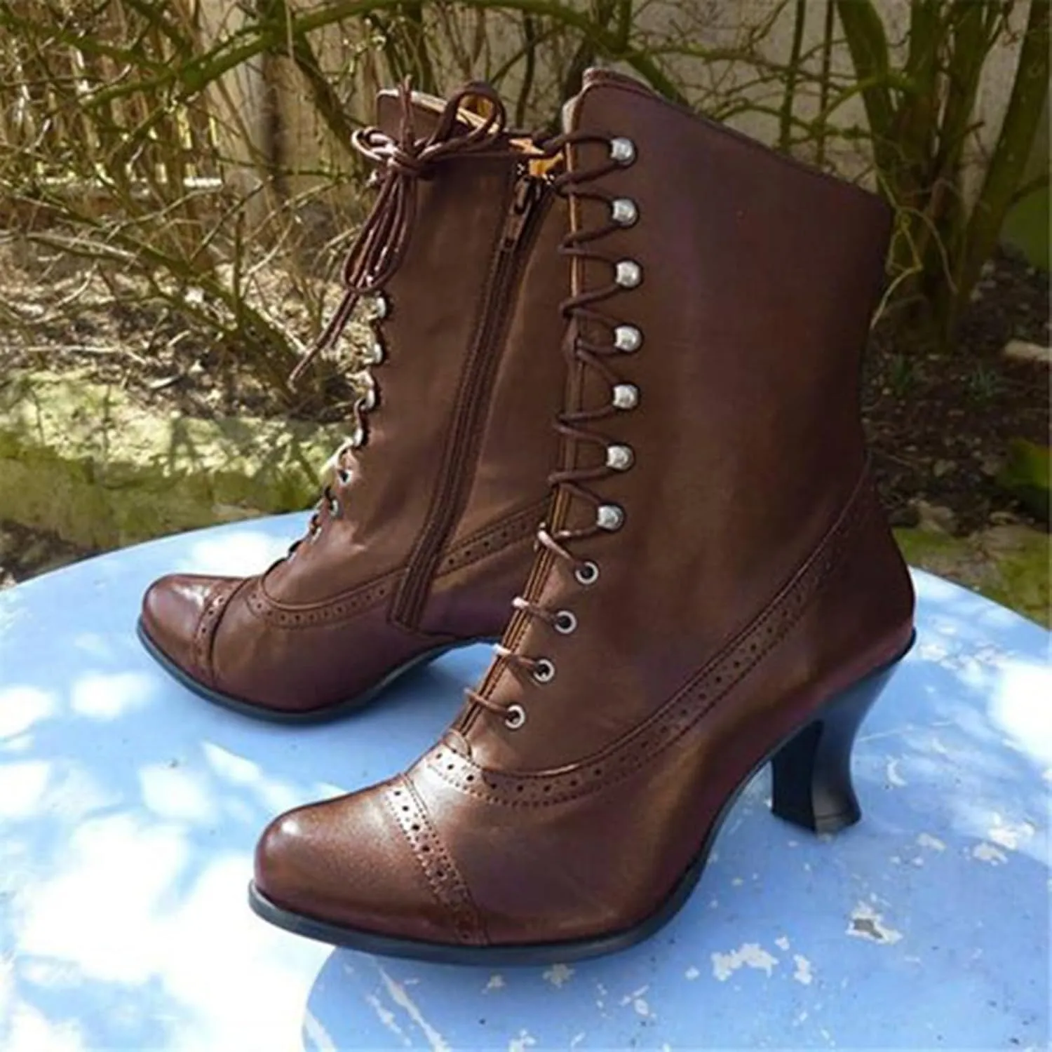 ZSpzx Victorian Boots,Women Vintage Victorian Boots 70s Lace Up Ankle Boots Mid Heel Halloween Cosplay Witch Granny Booties Cone Heel Zipper Almond Toe Costume Renaissance Shoes