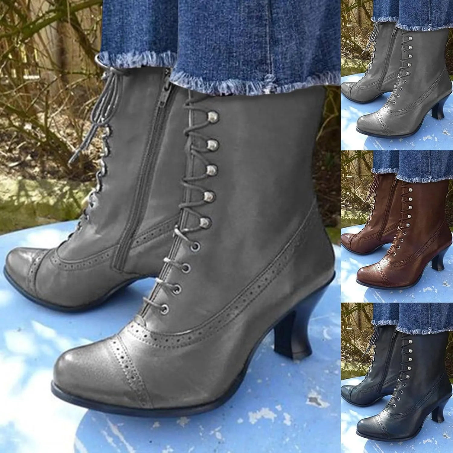 ZSpzx Victorian Boots,Women Vintage Victorian Boots 70s Lace Up Ankle Boots Mid Heel Halloween Cosplay Witch Granny Booties Cone Heel Zipper Almond Toe Costume Renaissance Shoes