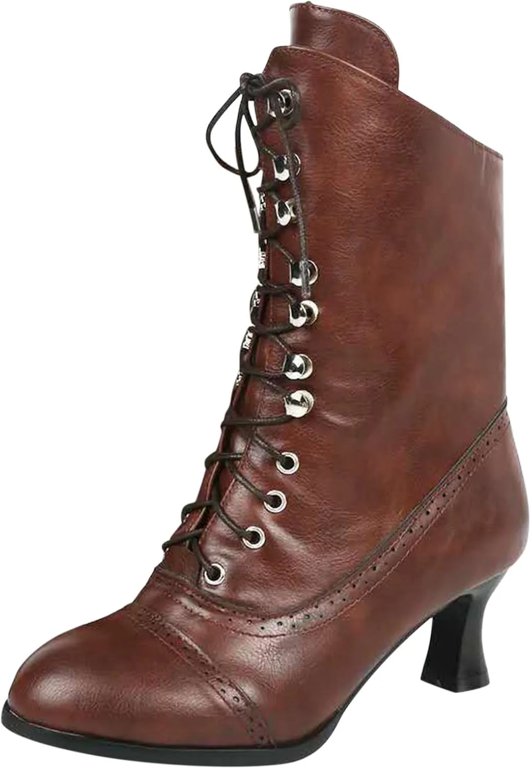 ZSpzx Victorian Boots,Women Vintage Victorian Boots 70s Lace Up Ankle Boots Mid Heel Halloween Cosplay Witch Granny Booties Cone Heel Zipper Almond Toe Costume Renaissance Shoes