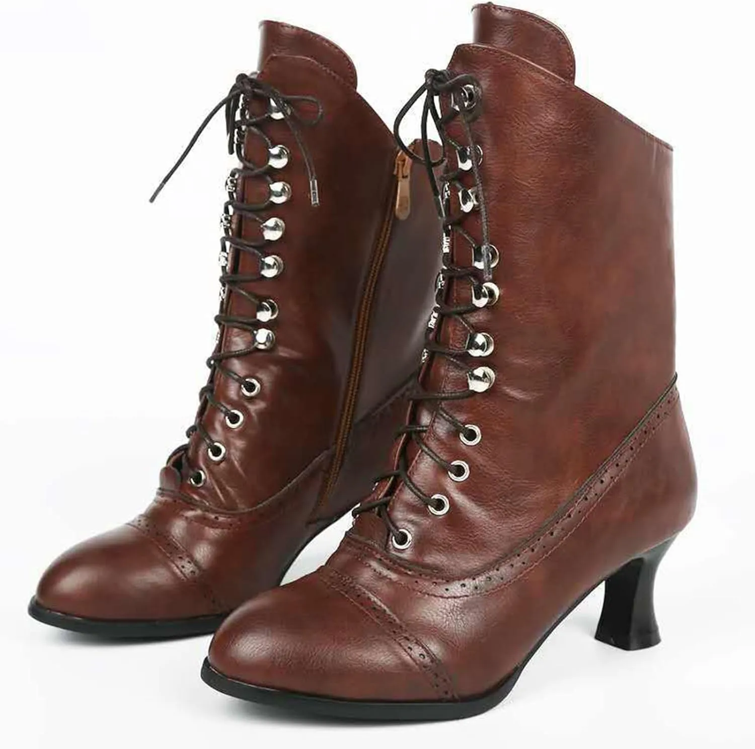 ZSpzx Victorian Boots,Women Vintage Victorian Boots 70s Lace Up Ankle Boots Mid Heel Halloween Cosplay Witch Granny Booties Cone Heel Zipper Almond Toe Costume Renaissance Shoes