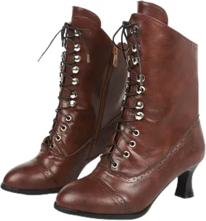 ZSpzx Victorian Boots,Women Vintage Victorian Boots 70s Lace Up Ankle Boots Mid Heel Halloween Cosplay Witch Granny Booties Cone Heel Zipper Almond Toe Costume Renaissance Shoes