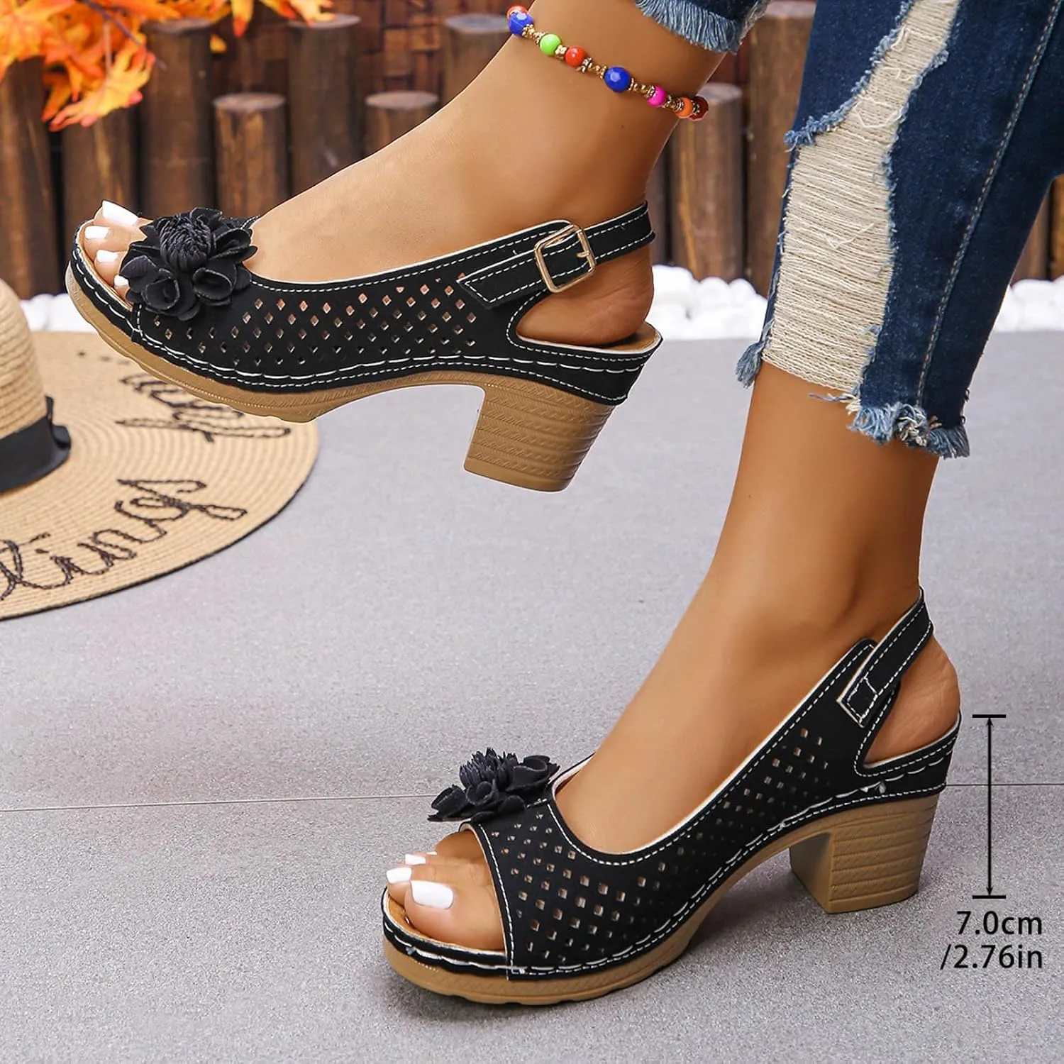 ZSpzx Women's Block Heel Sandals 2025 Comfortable Dressy Ladies Peep Toe Flowers Comfortable Hollow Out Slingback Sandals Chunky Cut-Out Leather Dressy Adjustable Strappy Shoes for Daily Wear