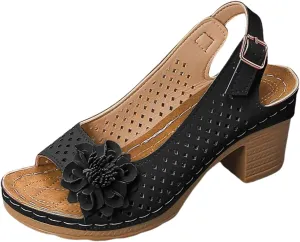 ZSpzx Women's Block Heel Sandals 2025 Comfortable Dressy Ladies Peep Toe Flowers Comfortable Hollow Out Slingback Sandals Chunky Cut-Out Leather Dressy Adjustable Strappy Shoes for Daily Wear