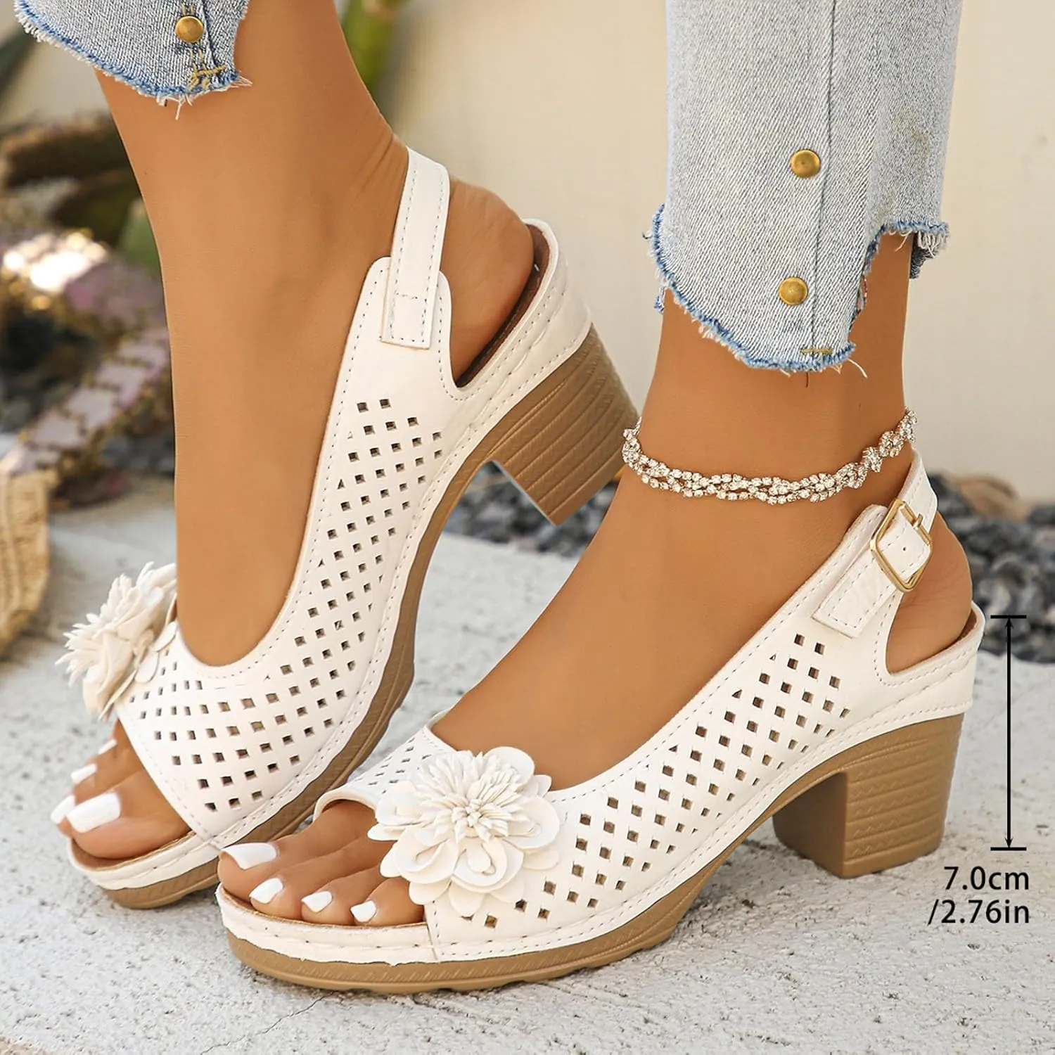 ZSpzx Women's Block Heel Sandals 2025 Comfortable Dressy Ladies Peep Toe Flowers Comfortable Hollow Out Slingback Sandals Chunky Cut-Out Leather Dressy Adjustable Strappy Shoes for Daily Wear