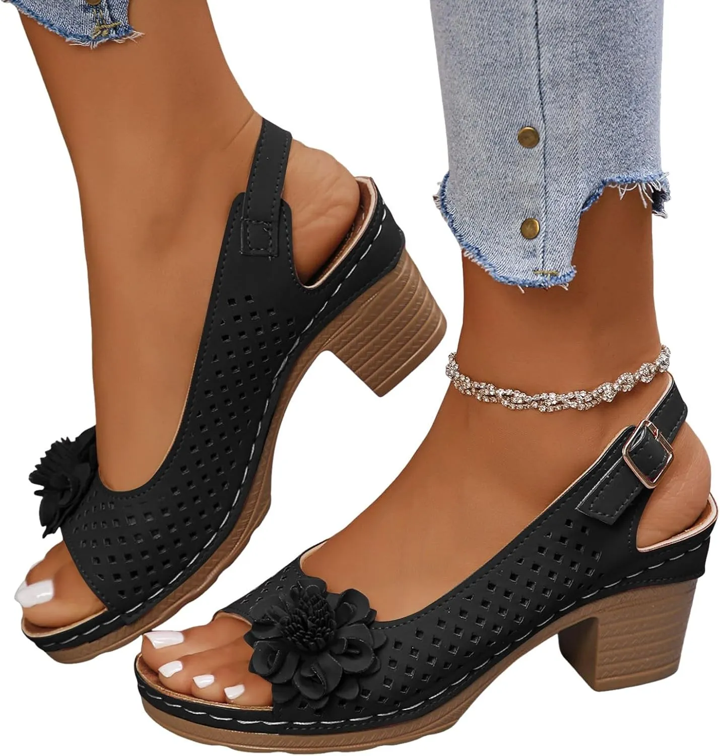 ZSpzx Women's Block Heel Sandals 2025 Comfortable Dressy Ladies Peep Toe Flowers Comfortable Hollow Out Slingback Sandals Chunky Cut-Out Leather Dressy Adjustable Strappy Shoes for Daily Wear