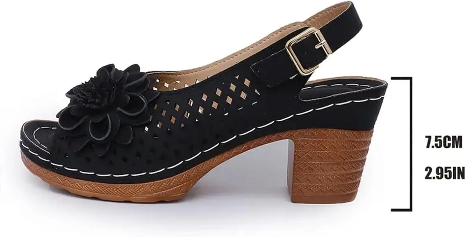 ZSpzx Women's Block Heel Sandals 2025 Comfortable Dressy Ladies Peep Toe Flowers Comfortable Hollow Out Slingback Sandals Chunky Cut-Out Leather Dressy Adjustable Strappy Shoes for Daily Wear