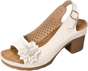 ZSpzx Women's Block Heel Sandals 2025 Comfortable Dressy Ladies Peep Toe Flowers Comfortable Hollow Out Slingback Sandals Chunky Cut-Out Leather Dressy Adjustable Strappy Shoes for Daily Wear
