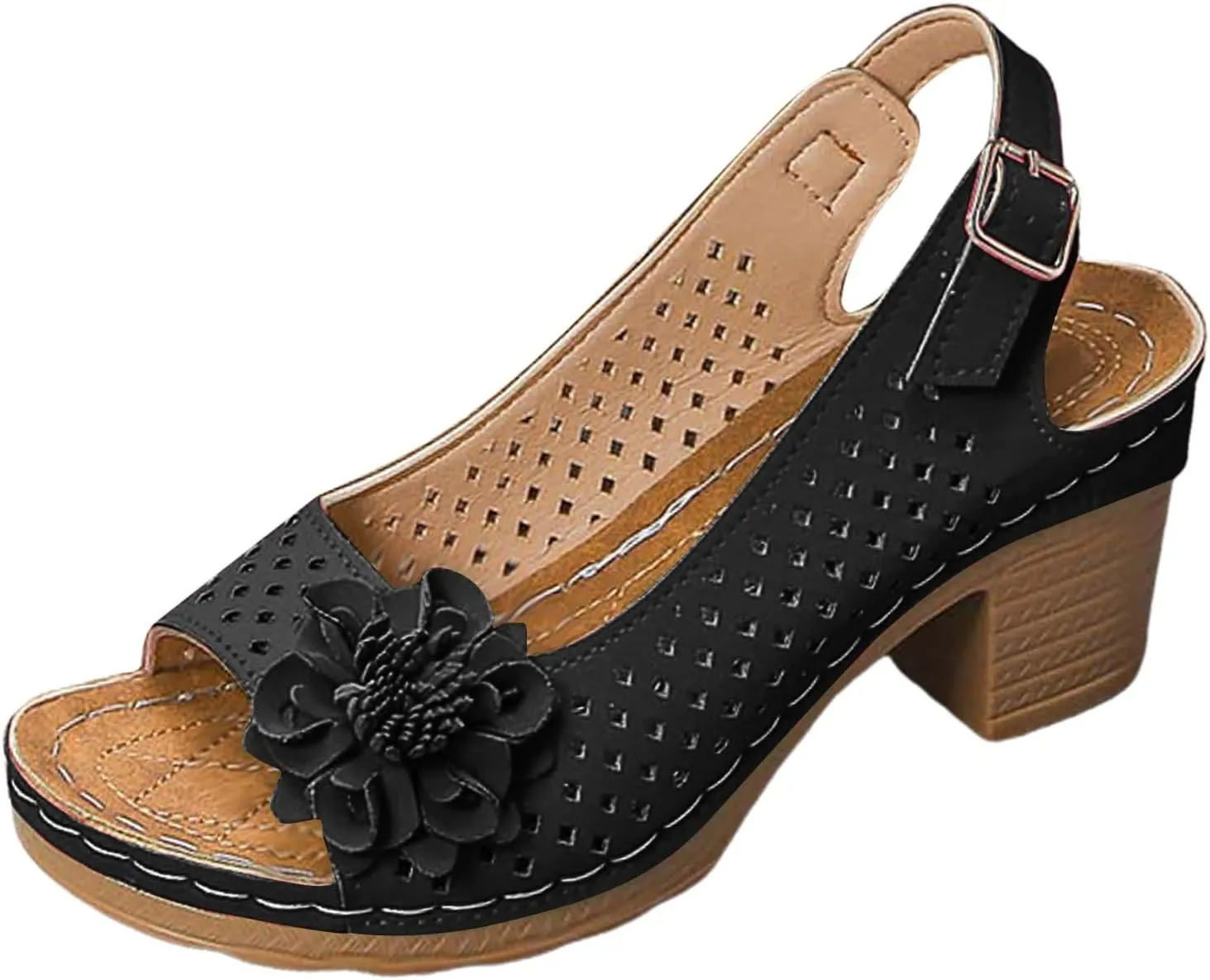 ZSpzx Women's Block Heel Sandals 2025 Comfortable Dressy Ladies Peep Toe Flowers Comfortable Hollow Out Slingback Sandals Chunky Cut-Out Leather Dressy Adjustable Strappy Shoes for Daily Wear