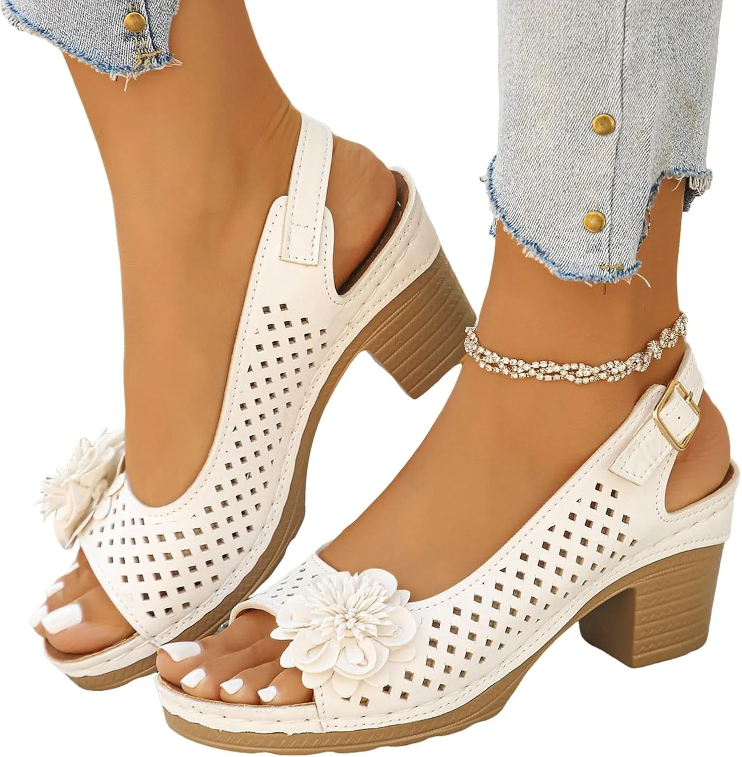 ZSpzx Women's Block Heel Sandals 2025 Comfortable Dressy Ladies Peep Toe Flowers Comfortable Hollow Out Slingback Sandals Chunky Cut-Out Leather Dressy Adjustable Strappy Shoes for Daily Wear