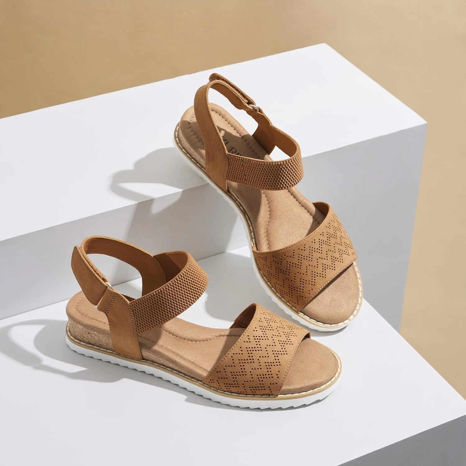 ZURIN Womens Comfortable Flat Sandals Open Toe Elastic Ankle Strap Low Wedge Sandals for Women Casual Dressy Summer