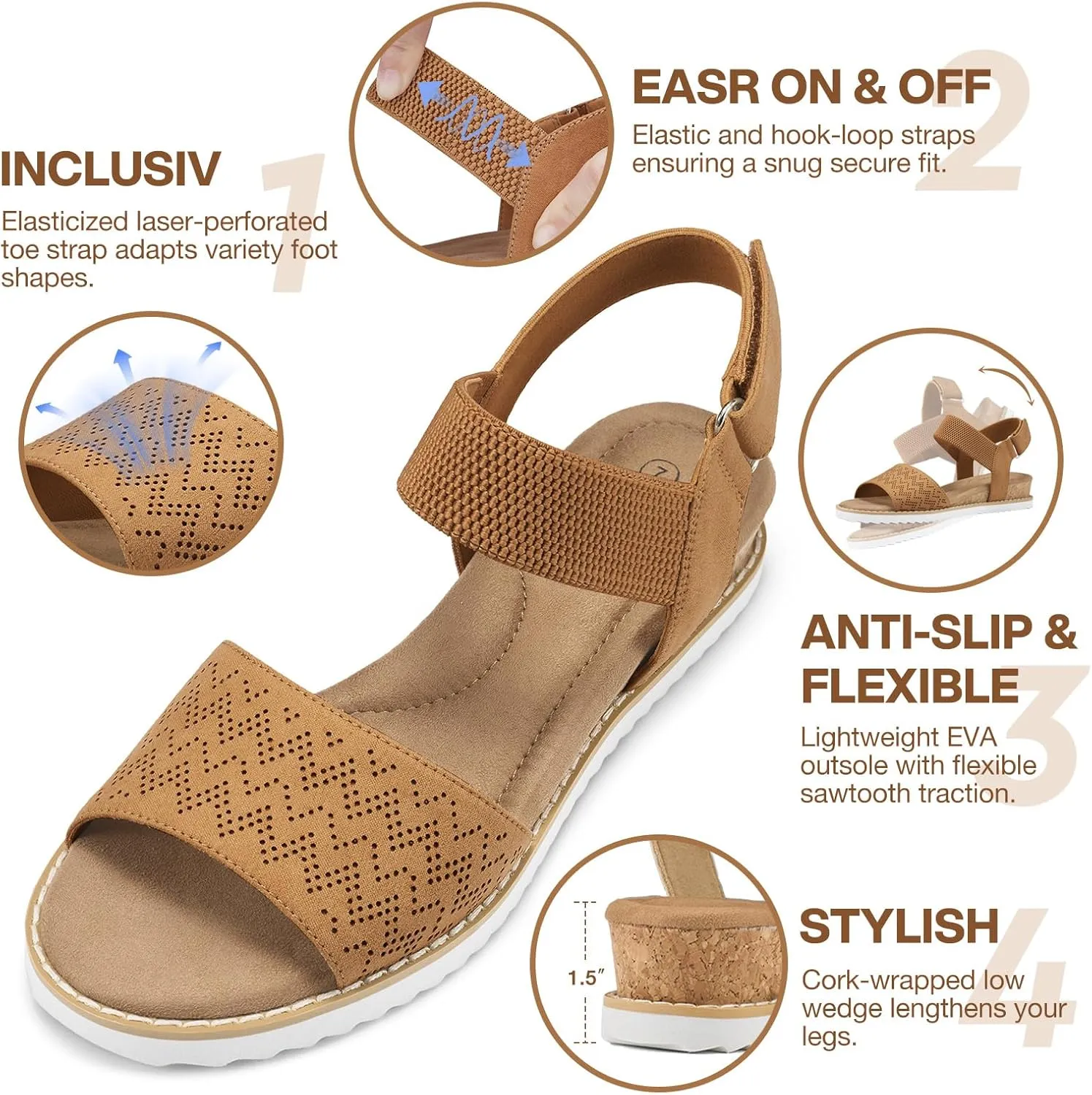 ZURIN Womens Comfortable Flat Sandals Open Toe Elastic Ankle Strap Low Wedge Sandals for Women Casual Dressy Summer
