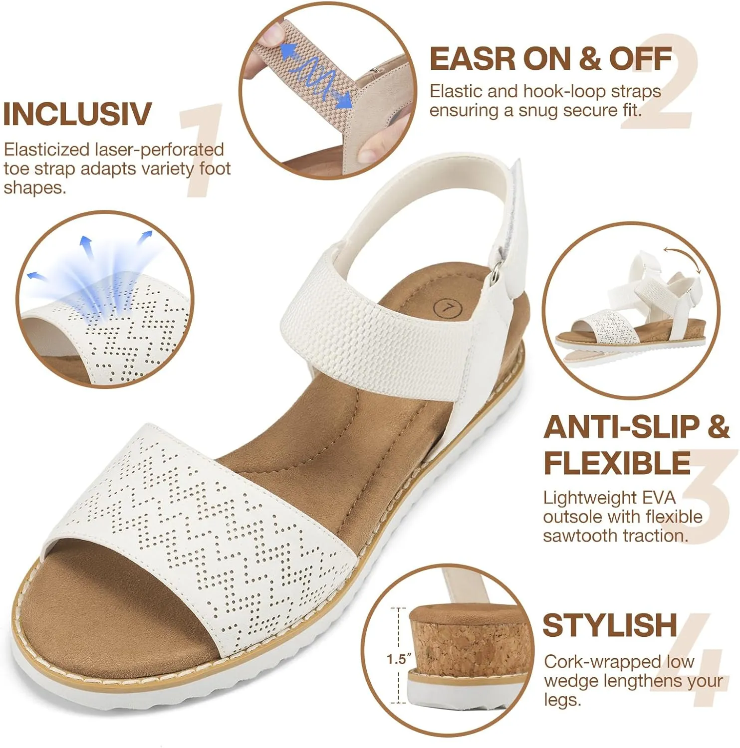 ZURIN Womens Comfortable Walking Sandals Open Toe Elastic Ankle Strap Short Flat Wedge Sandals for Women Dressy Summer