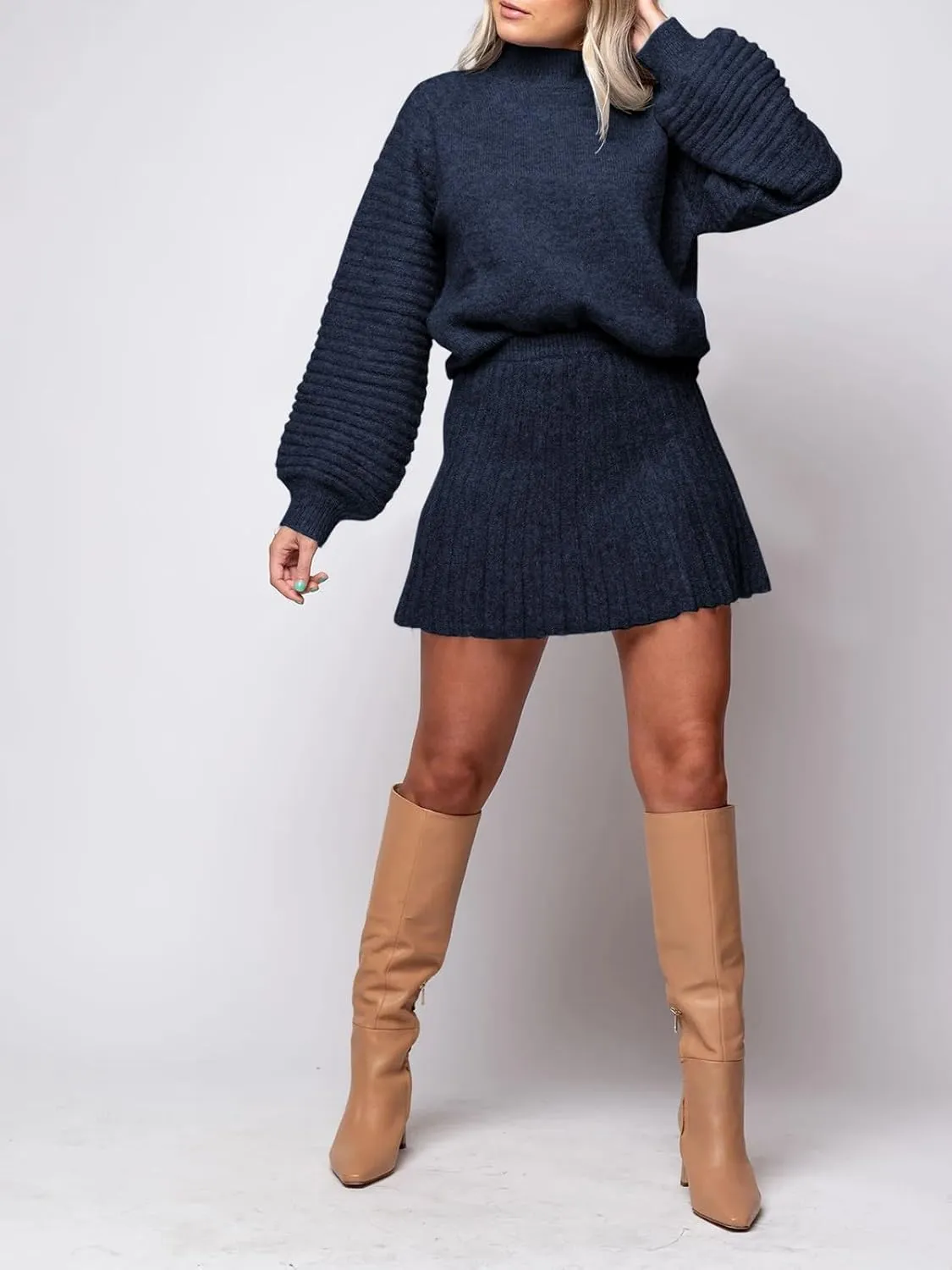 Zwurew Women's 2 Piece Outfits 2024 Long Sleeve Mock Neck Ribbed Sweaters And Mini Skirt Two Piece Sets