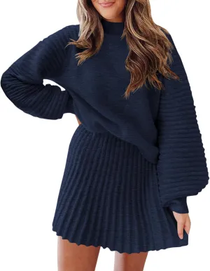 Zwurew Women's 2 Piece Outfits 2024 Long Sleeve Mock Neck Ribbed Sweaters And Mini Skirt Two Piece Sets