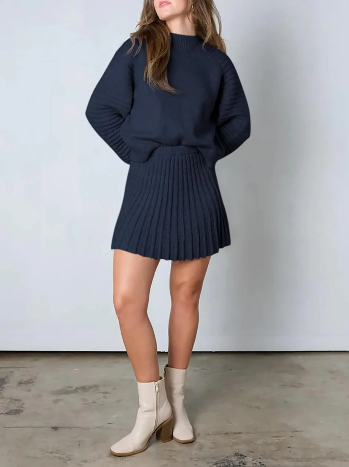 Zwurew Women's 2 Piece Outfits 2024 Long Sleeve Mock Neck Ribbed Sweaters And Mini Skirt Two Piece Sets