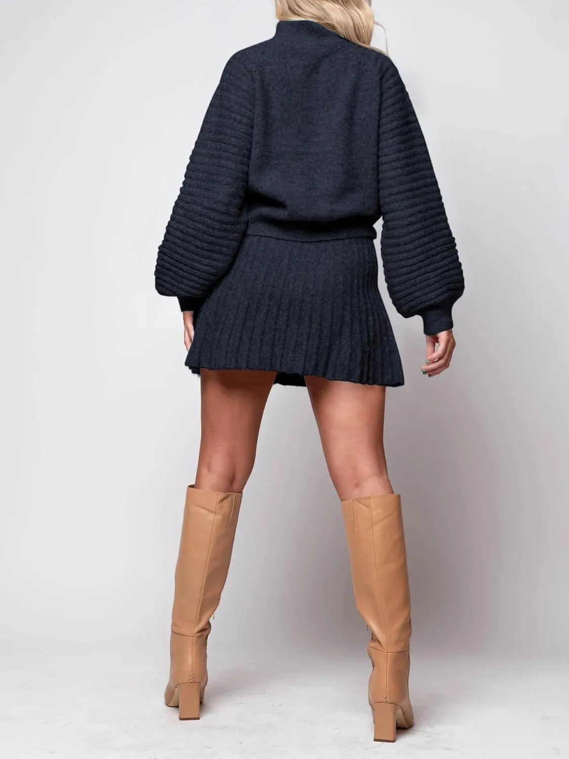 Zwurew Women's 2 Piece Outfits 2024 Long Sleeve Mock Neck Ribbed Sweaters And Mini Skirt Two Piece Sets