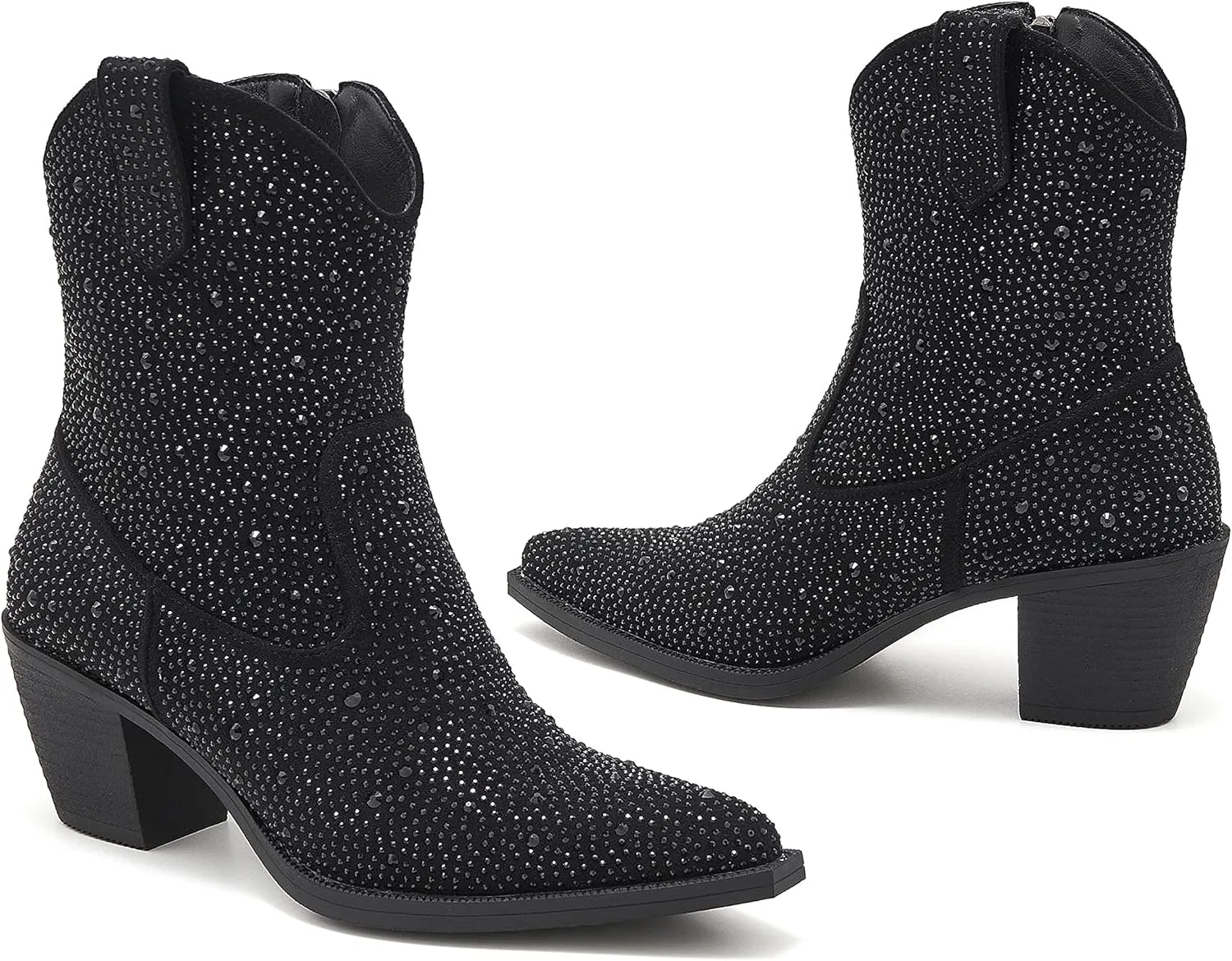 ZXHYZLZ Women's Rhinestone Cowboy Boots Thick Root High Heel Pointed Toe Sparkling Cowgirl Boots
